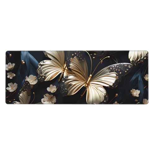 Tyumh Goldene weiße Schmetterlinge, schwarz mit rutschfester Gummiunterseite, waschbar, bequemes Mauspad, langlebiges Material, tragbar, innovatives Design von TYUMH