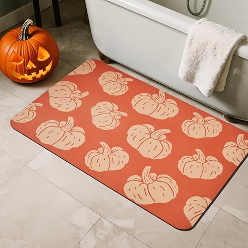 Halloween-Badematte mit Kürbismotiv, Orange, schnell trocknend, rutschfest, passt unter die Tür, dünne Bodenmatte für Badezimmer, Halloween-Dekoration, 61 x 91 cm, Kürbisse Halloween-Badematte mit Kürbismotiv, Orange, schnell trocknend, rutschfest, passt unter die Tür, dünne Bodenmatte für Badezimmer, Halloween-Dekoration, 61 x 91 cm, Kürbisse von TYUU