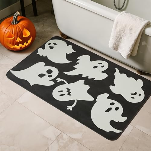 Halloween-Geister-Badematte, schwarz, schnell trocknend, rutschfest, passt unter die Tür, dünne Bodenmatte für Badezimmer, Halloween-Dekoration, 61 x 91 cm, niedliche Geister Halloween-Geister-Badematte, schwarz, schnell trocknend, rutschfest, passt unter die Tür, dünne Bodenmatte für Badezimmer, Halloween-Dekoration, 61 x 91 cm, niedliche Geister von TYUU