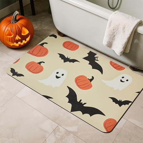 Halloween-Kürbis-Badematte, Fledermaus, schnell trocknend, rutschfest, passt unter die Tür, dünne Bodenmatte für Badezimmer, Halloween-Dekoration, 61 x 91 cm, Kürbisse, Fledermäuse und Geist Halloween-Kürbis-Badematte, Fledermaus, schnell trocknend, rutschfest, passt unter die Tür, dünne Bodenmatte für Badezimmer, Halloween-Dekoration, 61 x 91 cm, Kürbisse, Fledermäuse und Geist von TYUU