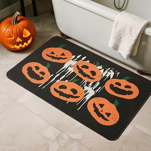 Halloween-Kürbis-Badematte, schwarz, schnell trocknend, rutschfest, passt unter die Tür, dünne Bodenmatte für Badezimmer, Halloween-Dekoration, 61 x 91 cm, böse Kürbisse Halloween-Kürbis-Badematte, schwarz, schnell trocknend, rutschfest, passt unter die Tür, dünne Bodenmatte für Badezimmer, Halloween-Dekoration, 61 x 91 cm, böse Kürbisse von TYUU
