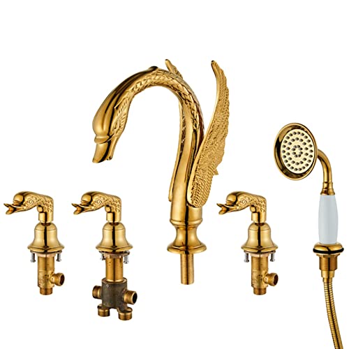 Badewannenarmatur Gold, Messing-Badewannenarmatur mit Handbrause, 5-Loch-Badewannenarmatur an Deck montiert, Wannenfüller-Wasserhahn, moderner Badewannenarmatur (B) Modisch von TYXFHSMY