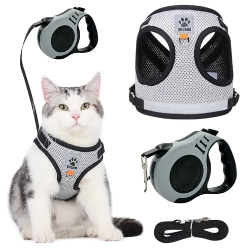 TYXHXTF Katzengeschirr mit Leine Ausbruchsicher Set, Katzen Automatisch Einziehbare Leine 3m, mit Reflektierenden Streifen, Fuß Katzenleine Verstellbar Katzenweste (M) Schwarz von TYXHXTF