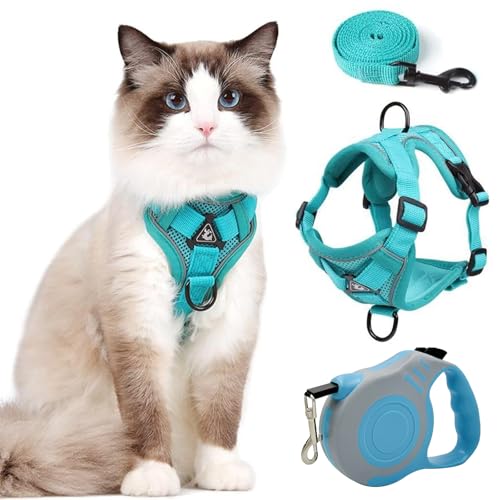 TYXHXTF Katzengeschirr mit Leine Ausbruchsicher Set, Katzen Automatisch Einziehbare Leine 3m (Blau) von TYXHXTF