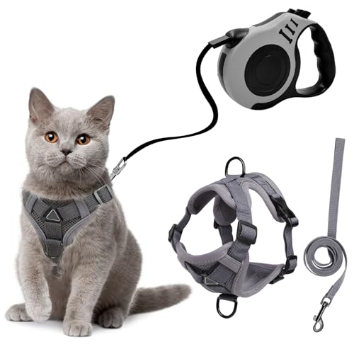 TYXHXTF Katzengeschirr mit Leine Ausbruchsicher Set, Katzen Automatisch Einziehbare Leine 3m (Grau) von TYXHXTF