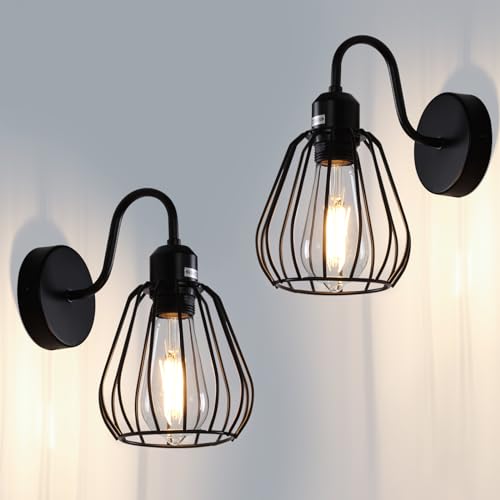 TYhogar 2 Stück Wandlampe Vintage, E27 Lampe aus Eisen Käfig Lampenschirm Industrial Wandlampe 17cm Wandleuchte Innen für Wohnzimmer Treppe Flur Schlafzimmer, Schwarz (Ohne Glühbirne) von TYhogar