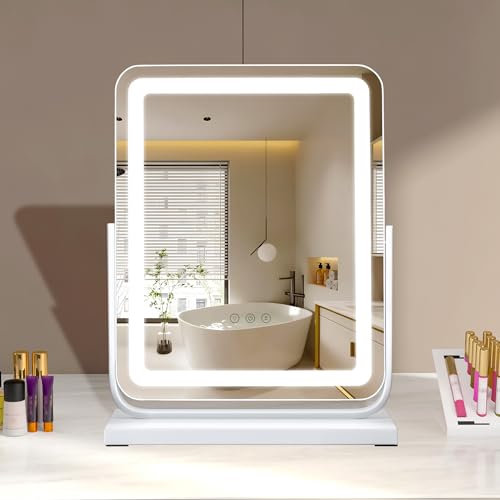 TYhogar Hollywood 3 Farbmodis Touch Steuerung Tischspiegel mit Beleuchtung, Quadrat Tischspiegel 360° Drehbar LED Kosmetikspiegel, 40×47cm Makeup Mirror Schminktisch Spiegel von TYhogar