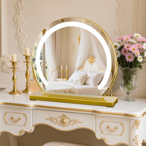 TYhogar Kosmetikspiegel mit Beleuchtung Schminkspiegel mit Licht 3 Farbtemperatur Verstellbares 360° Drehung 40x40cm 9W Touch Steuerung Plug-in Makeup Spiegel für Zuhause Gold von TYhogar