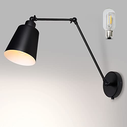 TYhogar Schwenkarm Wandlampe mit Schalter Wandlampe Schwarz Wall Scone Wandleuchter Beleuchtung Fixture (Inklusive Glühbirne) Leselampe Wandmontage E27 Nachttischleuchte Mit Kegel Lampenschirm von TYhogar