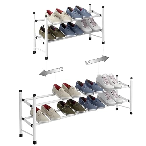 TZAMLI Ausziehbar Schuhregal mit 2 Ebenen zur Aufbewahrung von bis zu 12 Paar Schuhen, Verstellbarer stapelbarer Schuhregal-Stauraum für den Flur, 62~114 x 22 x 35 cm (Weiß, 2 Böden) von TZAMLI