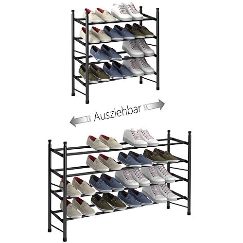 TZAMLI Ausziehbar Schuhregal mit 4 Ebenen zur Aufbewahrung von bis zu 24 Paar Schuhen, Verstellbarer stapelbarer Schuhregal-Stauraum für den Flur, 62~114 x 22 x 66 cm (Schwarz, 4-BÖDEN) von TZAMLI