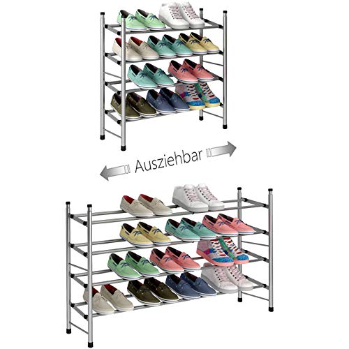 TZAMLI Ausziehbar Schuhregal mit 4 Ebenen zur Aufbewahrung von bis zu 24 Paar Schuhen, Verstellbarer stapelbarer Schuhregal-Stauraum für den Flur, 62~114 x 22 x 66 cm (Silber grau, 4 Böden) von TZAMLI