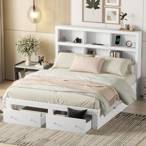 Doppelbett 160x200, Massivholz Kingsize-Plattformbett mit 2 Schubladen, Kopfteil mit Bücherregal und USB-Ladeanschluss, Bett mit Lattenrost, Jugendbett Funktionsbett Bettgestell, ohne Matratze (Weiß) von TZCIN