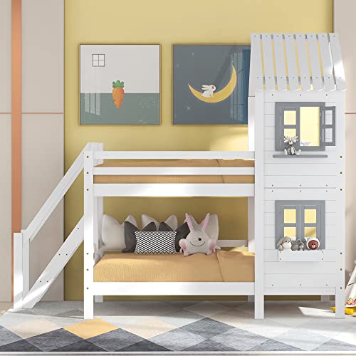 Etagenbett für 2 Kinder, Kinderbett Hausbett 90×200 mit Treppe, Hochbett Doppelbett mit Dach und Fenster, Holzbett Funktionsbett Stockbett Jugendbett mit Rausfallschutz Gitter und Lattenrost, Weiß von TZCIN