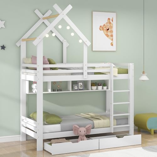 Etagenbett mit Schubladen und Regalen, Kinderbett 90 x 200, Hausbett für 2 Kinder, Hochbett Baumhaus Bett Funktionsbett Stockbett Kinderhochbett Jugendhochbett mit Rausfallschutz und Leiter, Weiß von TZCIN