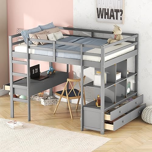 Hochbett 140 x 200 mit Bücherregal und Schreibtisch, Kinderbett mit 6 Schubladen, Bett mit Lattenrost und Stauraum, Funktionsbett Jugendbett mit Rausfallschutz,Bettgestell aus Holz,ohne Matratze,Grau von TZCIN