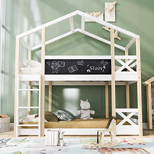 Baumhaus Kinderbett 90 x 200 mit Tafel & Leiter, Etagenbett Hochbett für 2 Kinder mit Rausfallschutz und 2X Lattenrost, Massivholz Funktionsbett Jugendbett Hausbett Stockbett Bodenbett, Natur+Weiß von TZCIN