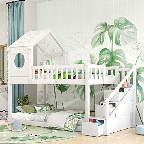 Hochbett mit Treppe & Schubladen, Kinderbett Baumhaus Etagenbett Stockbett für 2 Kinder mit Rausfallschutz und Lattenrost, Kiefernholz Hausbett Jugendbett Doppelbett in Hausform, 90 x 200 cm, Weiß von TZCIN