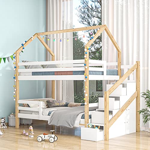 Hochbett mit Treppe & Schubladen, Kinderbett Baumhaus Etagenbett Stockbett für 2 Kinder mit Rausfallschutz und Lattenrost, Massivholz Hausbett Jugendbett Doppelbett, 90 x 200 cm, Natur & Weiß von TZCIN