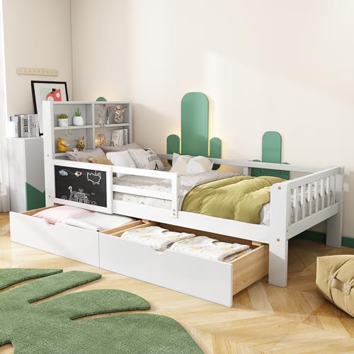 Kinderbett 90x200, Holzbett mit Schubladen und Tafel, Kopfteil mit Bücherregal & Rausfallschutz, Bett mit Lattenrost und Stauraum, Jugendbett, Funktionsbett, Bettgestell aus Holz, ohne Matratze, Weiß von TZCIN