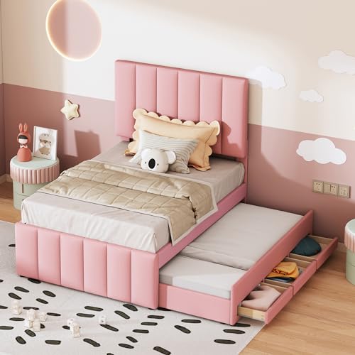 Kinderbett Polsterbett 90x200 mit Ausziehbares Rollbett und 3 Stauraum Schublade,Einzelbett für 2 Kinder, Mädchenbett Schlafsofa Tagesbett Jugendbett Gästebett mit Lattenrost,Leinen,Rosa,Ohne Matratze von TZCIN