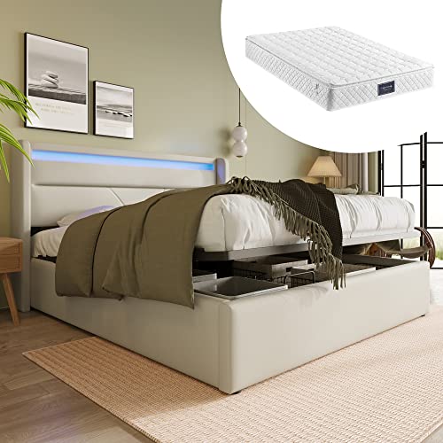 LED Bett Mit Matratze, Doppelbett Polsterbett 140 x 200 cm, Hydraulisch Stauraumbett mit Großer Stauraum und Lattenrost, Funktionsbetten Rückenlehne Bettgestell mit Fernbedienung & Bettkasten, Weiß von TZCIN