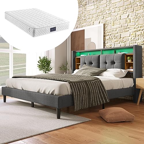 Polsterbett 160x200 cm Mit 7 Zonen Matratze, Doppelbett Stauraum-Kopfteil Bett mit aufladen USB und LED-Beleuchtung, Stauraumbett Jugendbett Rückenlehne Bettgestell Lattenrost aus Holz, Leinen, Grau von TZCIN