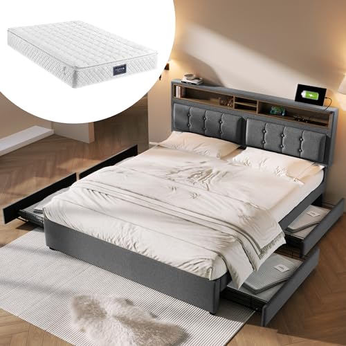 TZCIN Polsterbett Doppelbett,Bett mit Aufladen USB, Bett mit 4 Schubladen, Rückenlehne Bett mit Stauraum und Lattenrost, Stauraumbett (Grey + Linen + 160 * 200((Mit Matratze)) von TZCIN