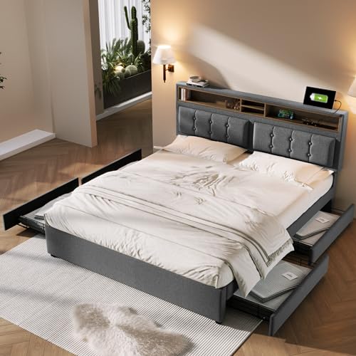 TZCIN Polsterbett Doppelbett,Bett mit Aufladen USB, Bett mit 4 Schubladen, Rückenlehne Bett mit Stauraum und Lattenrost, Stauraumbett (Grey + Linen + 160 * 200((Ohne Matratze)) von TZCIN