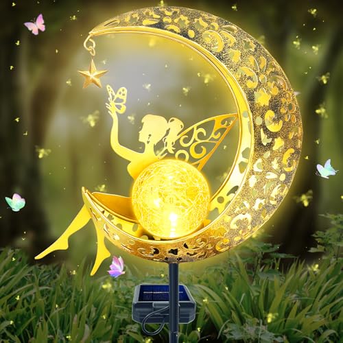 TZEKING Mond Solarleuchten Garten Deko Terassendeko,Mond Solarleuchten Garten im Freien,Elfe/Blumenfee Wasserdichte Solarleuchte mit Erdspieß,Metall Mond Solarleuchten Garten Deko,Mond Gartenleuchte von TZEKING