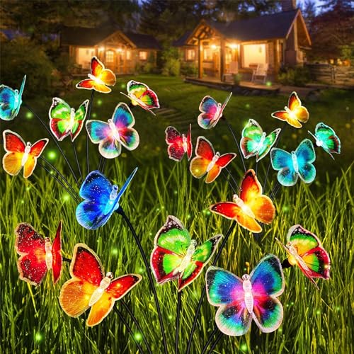 TZEKING Solarlampen für Außen Garten,2 Stück 14 LED Schmetterling Solarleuchten,Solar-Gartenleuchten mit Farbwechselnden,IP65 Wasserdicht Solar Gartenleuchten,Swinging Solarleuchten für Garten,Hof von TZEKING