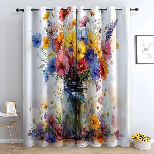 TZKRWRH Blickdicht Gardinen Blumen Vorhang Blumen in Vase Vintage Muster Verdunkelungsvorhang Landhaus Polyester Ösenschal für Schlafzimmer Wohnzimmer-H230 x B130 cm (2er Pack) von TZKRWRH