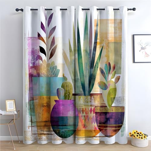 TZKRWRH Blickdicht Gardinen Blumen Vorhang Buntes Boho im Topf Vintage Muster Verdunkelungsvorhang Landhaus Polyester Ösenschal für Schlafzimmer Wohnzimmer-H220 x B132 cm (2er Pack) von TZKRWRH