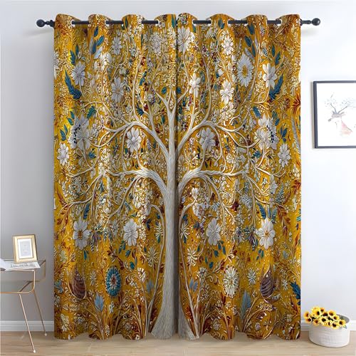 TZKRWRH Blickdicht Gardinen Blumen Vorhang Goldener Blumenbaum Vintage Muster Verdunkelungsvorhang Landhaus Polyester Ösenschal für Schlafzimmer Wohnzimmer-H160 x B100 cm (2er Pack) von TZKRWRH