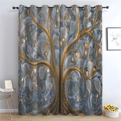 TZKRWRH Blickdicht Gardinen Blumen Vorhang Goldenes Muster Baum Vintage Muster Verdunkelungsvorhang Landhaus Polyester Ösenschal für Schlafzimmer Wohnzimmer-H180 x B100 cm (2er Pack) von TZKRWRH
