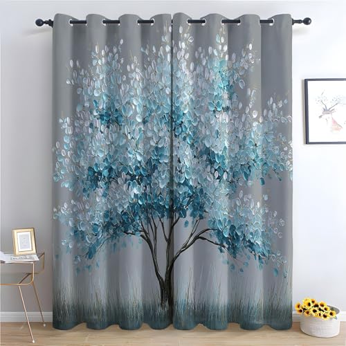 TZKRWRH Blickdicht Gardinen Blumen Vorhang Hellblauer Blütenbaum Vintage Muster Verdunkelungsvorhang Landhaus Polyester Ösenschal für Schlafzimmer Wohnzimmer-H160 x B100 cm (2er Pack) von TZKRWRH