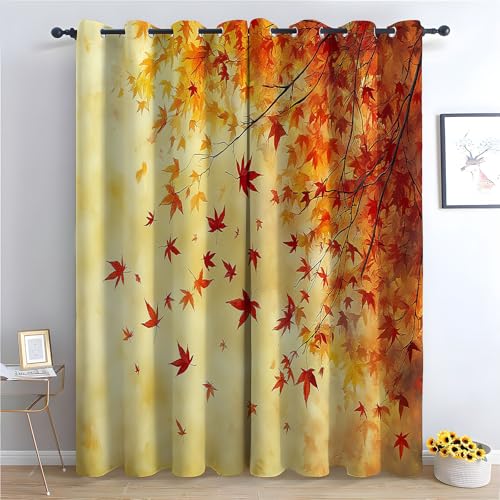 TZKRWRH Blickdicht Gardinen Blumen Vorhang Herbstlaub Vintage Muster Verdunkelungsvorhang Landhaus Polyester Ösenschal für Schlafzimmer Wohnzimmer-H160 x B100 cm (2er Pack) von TZKRWRH