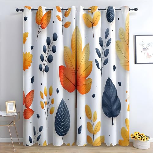 TZKRWRH Blickdicht Gardinen Blumen Vorhang Herbstliches Blattmuster Vintage Muster Verdunkelungsvorhang Landhaus Polyester Ösenschal für Schlafzimmer Wohnzimmer-H300 x B140 cm (2er Pack) von TZKRWRH