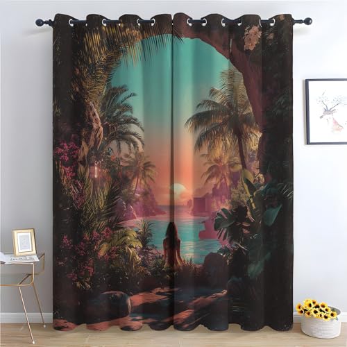 TZKRWRH Blickdicht Gardinen Blumen Vorhang Tropische Sonnenuntergangsszene Vintage Muster Verdunkelungsvorhang Landhaus Polyester Ösenschal für Schlafzimmer Wohnzimmer-H215 x B100 cm (2er Pack) von TZKRWRH