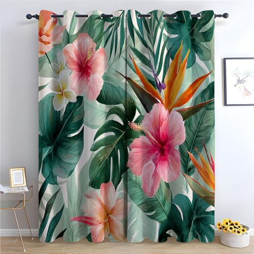 TZKRWRH Blickdicht Gardinen Blumen Vorhang Tropisches Blumenblatt Vintage Muster Verdunkelungsvorhang Landhaus Polyester Ösenschal für Schlafzimmer Wohnzimmer-H270 x B130 cm (2er Pack) von TZKRWRH