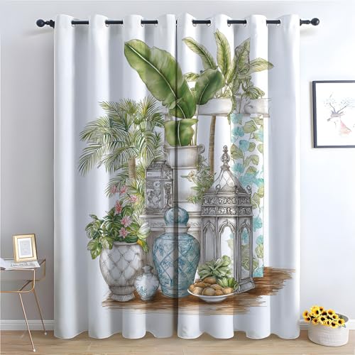 TZKRWRH Blickdichte Gardinen Verdunkelungsvorhang Vase für Tropische Pflanzen Vintage & Blumen Lichtundurchlässige Vorhang für Schlafzimmer Geräuschreduzierung-H160 x B70 cm (2er Pack) von TZKRWRH