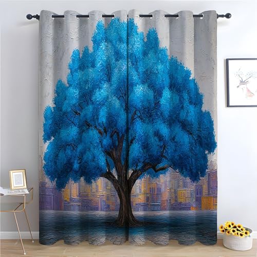 TZKRWRH Blume Vorhänge mit Ösen Blauer moderner Baum Blickdichte Gardinen Blackout Curtain Thermo Vorhang Kinder Mädchen Schlafzimmer Wohnzimmer-H270 x B130 cm (2er Pack) von TZKRWRH