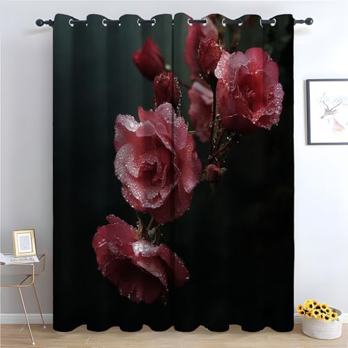 TZKRWRH Blume Vorhänge mit Ösen Blume nach Regen Blickdichte Gardinen Blackout Curtain Thermo Vorhang Kinder Mädchen Schlafzimmer Wohnzimmer-H215 x B100 cm (2er Pack) von TZKRWRH