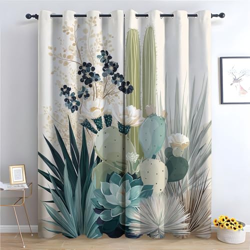 TZKRWRH Blume Vorhänge mit Ösen Blumen-Kaktus-Arrangement Blickdichte Gardinen Blackout Curtain Thermo Vorhang Kinder Mädchen Schlafzimmer Wohnzimmer-H240 x B140 cm (2er Pack) von TZKRWRH
