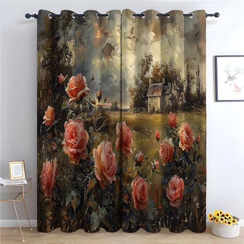 TZKRWRH Blume Vorhänge mit Ösen Blumen auf dem Land Blickdichte Gardinen Blackout Curtain Thermo Vorhang Kinder Mädchen Schlafzimmer Wohnzimmer-H140 x B110 cm (2er Pack) von TZKRWRH