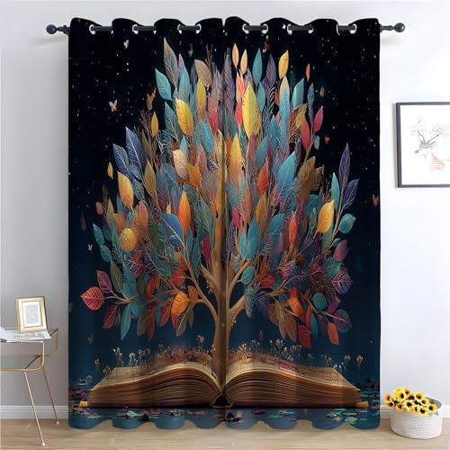 TZKRWRH Blume Vorhänge mit Ösen Bunter Baum Blickdichte Gardinen Blackout Curtain Thermo Vorhang Kinder Mädchen Schlafzimmer Wohnzimmer-H215 x B100 cm (2er Pack) von TZKRWRH