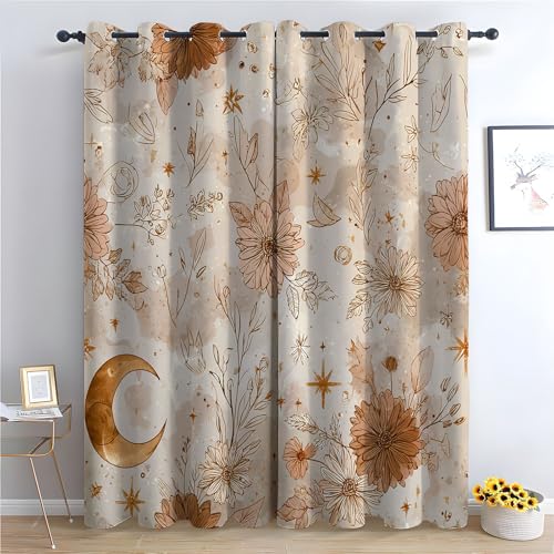 TZKRWRH Blume Vorhänge mit Ösen Florales Mondmuster Blickdichte Gardinen Blackout Curtain Thermo Vorhang Kinder Mädchen Schlafzimmer Wohnzimmer-H300 x B140 cm (2er Pack) von TZKRWRH