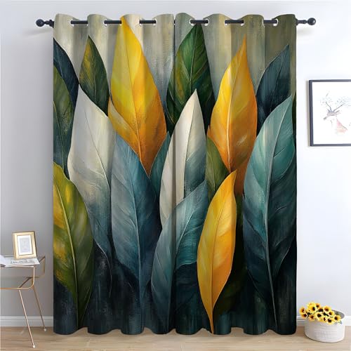 TZKRWRH Blume Vorhänge mit Ösen Gelbgrüne Blätter Blickdichte Gardinen Blackout Curtain Thermo Vorhang Kinder Mädchen Schlafzimmer Wohnzimmer-H215 x B100 cm (2er Pack) von TZKRWRH