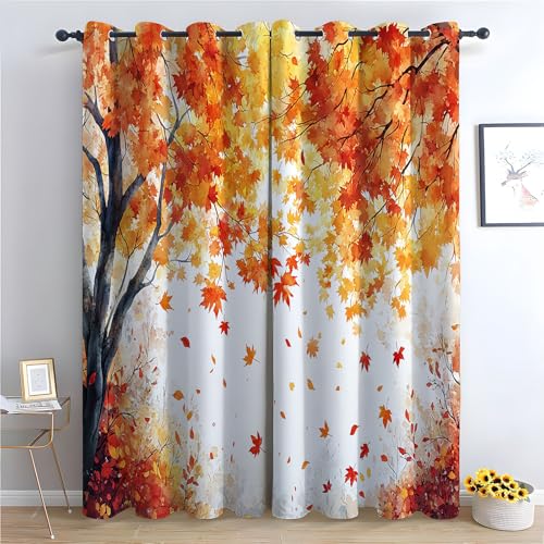TZKRWRH Blume Vorhänge mit Ösen Herbstliche Baumszene Blickdichte Gardinen Blackout Curtain Thermo Vorhang Kinder Mädchen Schlafzimmer Wohnzimmer-H215 x B100 cm (2er Pack) von TZKRWRH