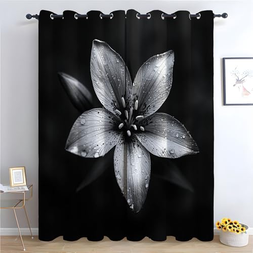 TZKRWRH Blume Vorhänge mit Ösen Schwarz-weiße Blume Blickdichte Gardinen Blackout Curtain Thermo Vorhang Kinder Mädchen Schlafzimmer Wohnzimmer-H180 x B100 cm (2er Pack) von TZKRWRH